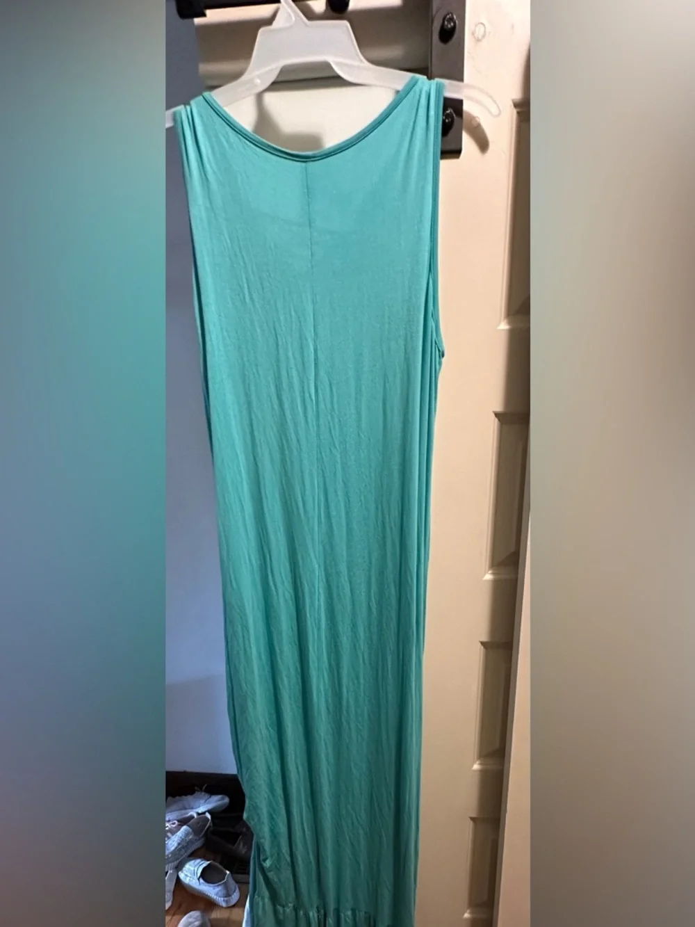 Sleeveless Aqua Maxi Dress with Lace-Up Ruffle Neckline - Picture 2 of 4